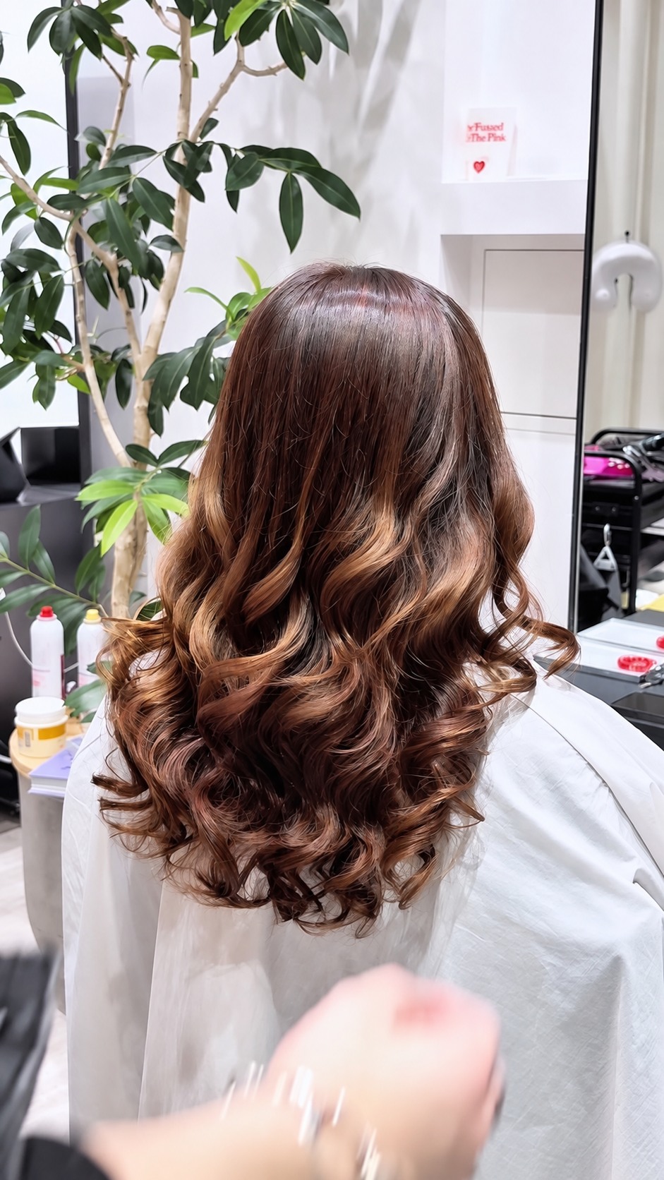 Warm brown long hair with cascading digital perm curls